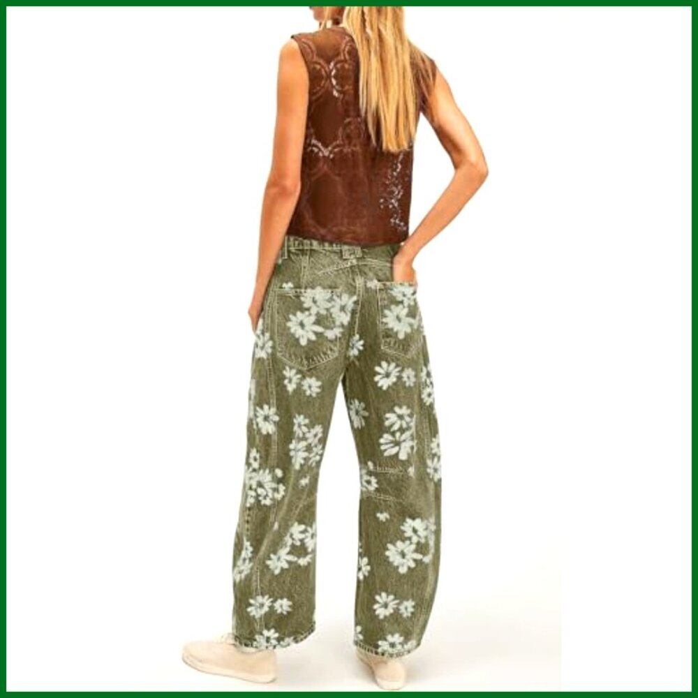 Distressed Barrel Jeans Baggy Wide Leg Floral Printed Patchwork Denim Pants - Picture 6 of 7